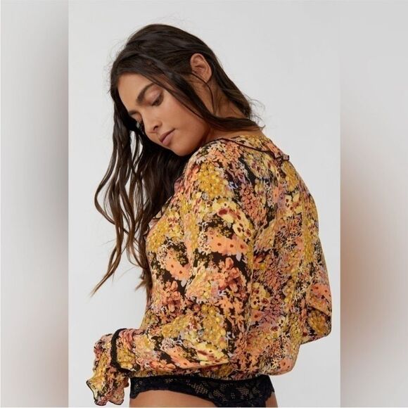 FREE PEOPLE Heat Wave Floral Long Sleeve Thong Bodysuit V-Neck Orange‎ Black New - Picture 5 of 14